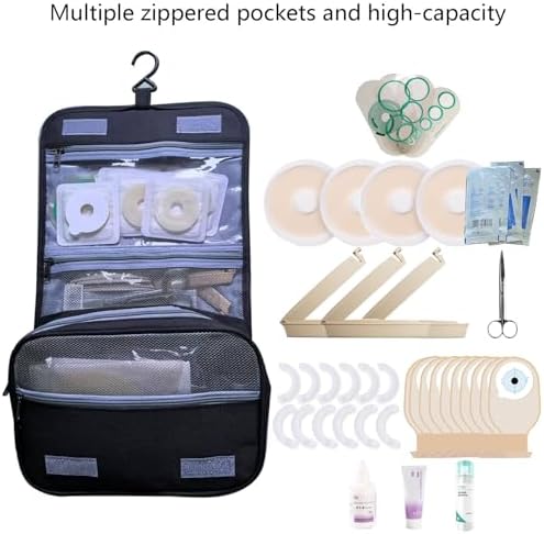 Internal compartments of TAFALAA ostomy kit showing scissors and pockets.