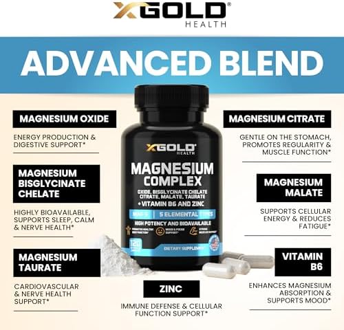 USA imported X Gold Health Magnesium Complex 500mg with Zinc and Vitamin B6 capsule count information.
