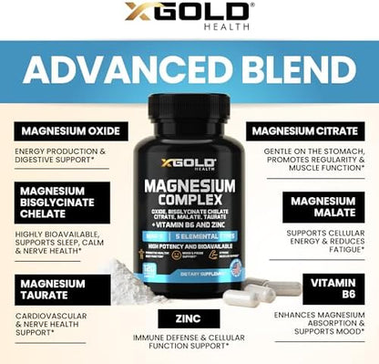 USA imported X Gold Health Magnesium Complex 500mg with Zinc and Vitamin B6 capsule count information.