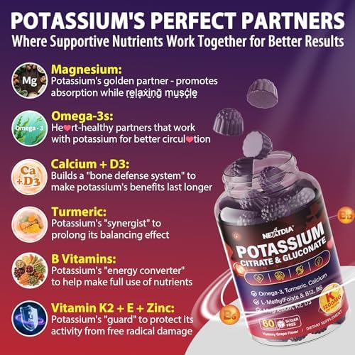 Nextdia high potency dual action potassium gummies bottle highlighting magnesium and omega 3 ingredients list.