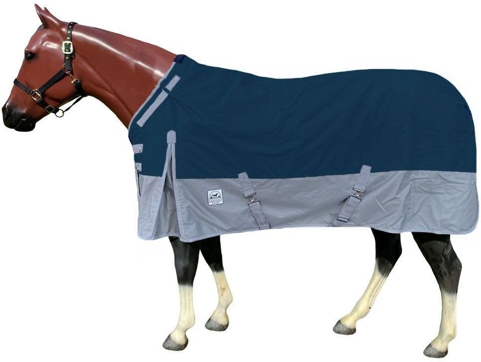 Rugged Ride 1200D equine blanket highlighting the flexible shoulder gussets for unrestricted horse pasture movement.