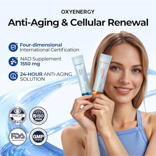 Close up of OxyEnergy daytime and nighttime supplement packets for daily energy and sleep.