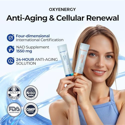 Close up of OxyEnergy daytime and nighttime supplement packets for daily energy and sleep.