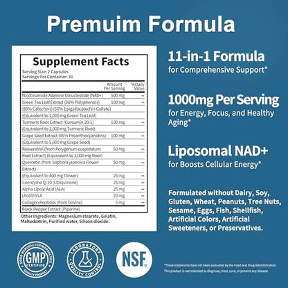 JuvaNutra NAD Supplement 11-in-1 formula benefits infographic
