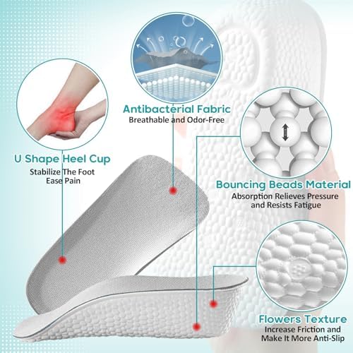 Black 1.4 inch height increasing inserts with arch support for foot pain.