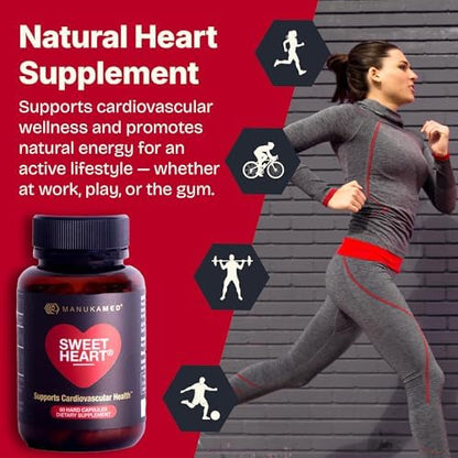 Sweetheart heart wellness supplement side panel showing gluten-free and non-gmo certifications.
