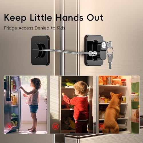 Child safety fridge lock installed on white refrigerator