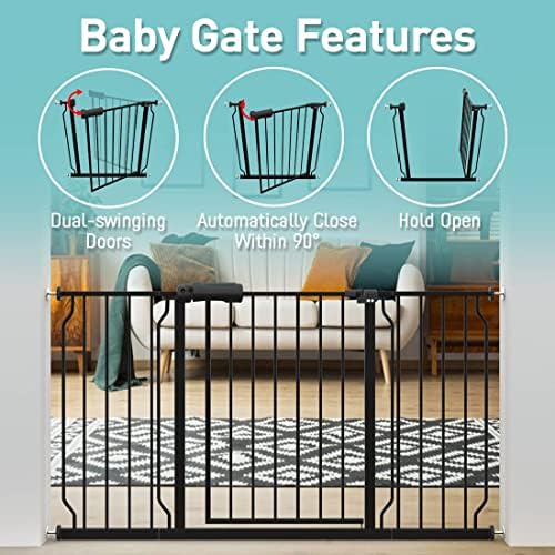 WAOWAO black metal pet gate protecting a wide kitchen entrance.