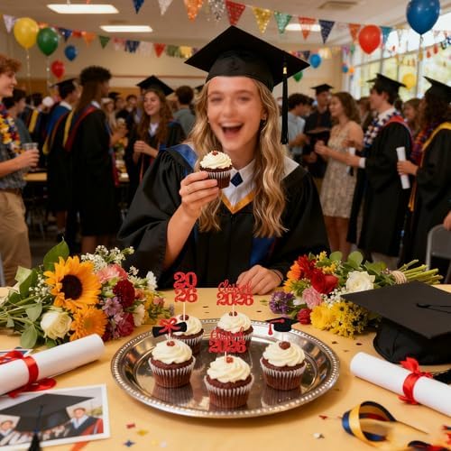 Full set of 36 graduation theme party cupcake toppers in packaging.