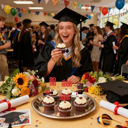 Full set of 36 graduation theme party cupcake toppers in packaging.