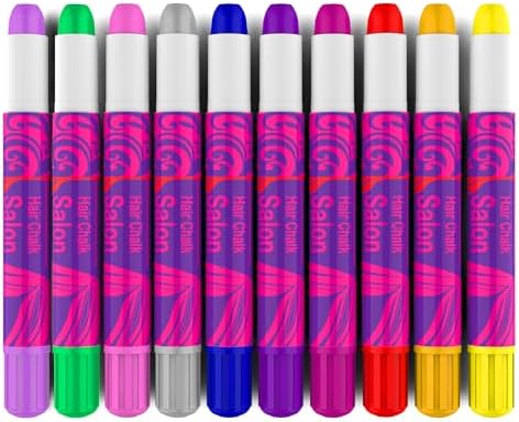 Ten colorful temporary hair dye chalk pens laid out in a row