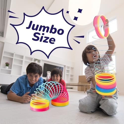 Six inch jumbo plastic slinky toy walking down a flight of stairs illustrating classic motion play.