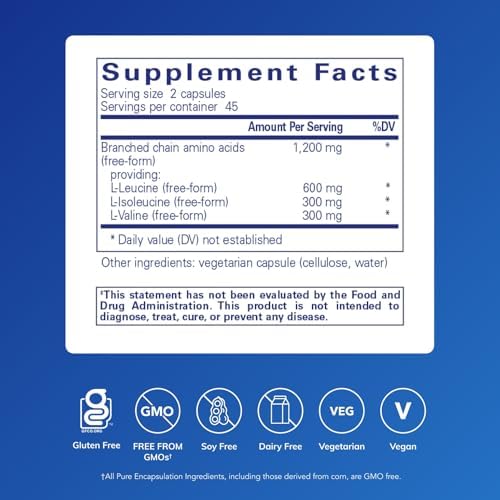 Pure Encapsulations BCAA supplement bottle back label displaying ingredients and serving size.