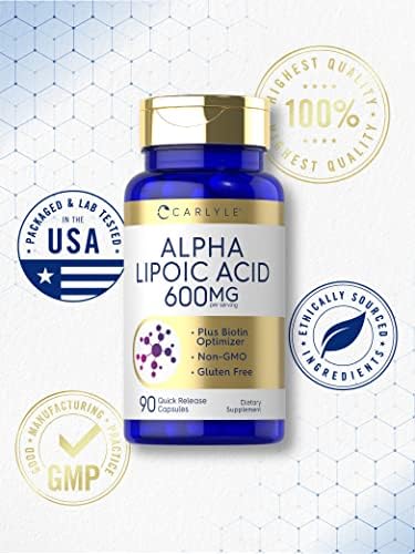 Close-up of Carlyle 600mg quick-release alpha lipoic acid capsules.