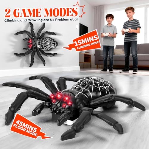 Nurcazo RC spider toy with glowing red LED eyes on a wall