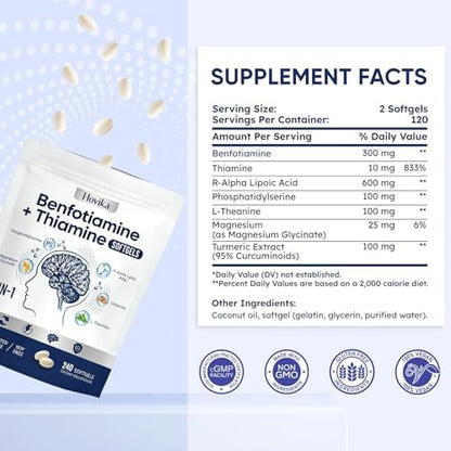 Hovika Vitamin B1 supplement bottle alongside softgels illustrating premium nervous system care benefits