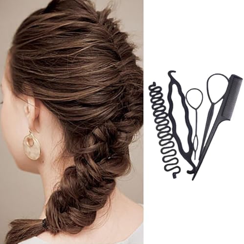 Demonstration of the black hair loop accessory being used to create an elegant ponytail twist.