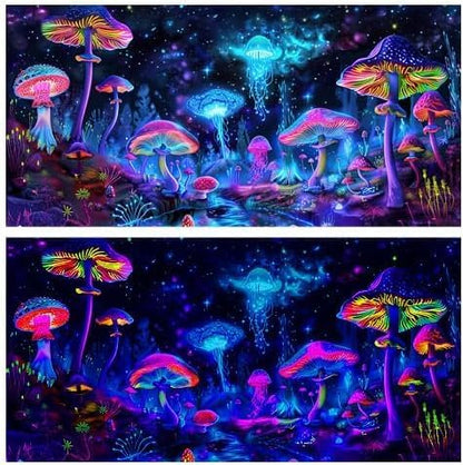Dtekoj blacklight mushroom jellyfish aquarium background front view illuminated under UV light.