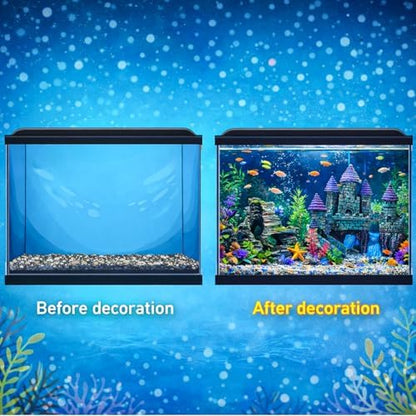 Mechpia aquarium decorations kit arranged inside a small fish tank creating an underwater landscape.