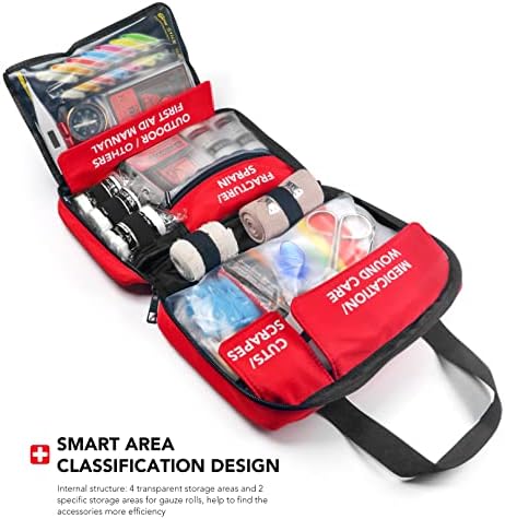 Open Thriaid medical kit showing organized transparent compartments with professional bandages and trauma gear.