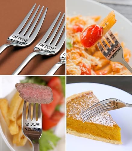 Top down view of funny retirement gift fork on dining table