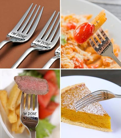 Top down view of funny retirement gift fork on dining table