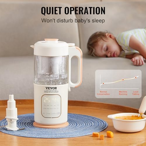 VEVOR all in one baby food pureeing blender operating on a kitchen counter
