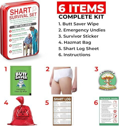 Pelto emergency novelty kit opened displaying disposable underwear and wet wipes.