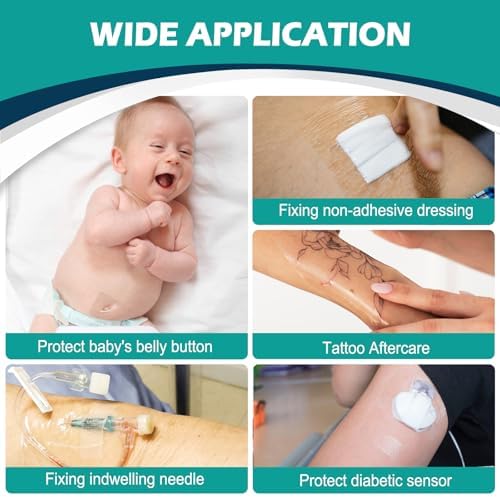 Hypoallergenic transparent breathable wound dressing dimensions and application steps.