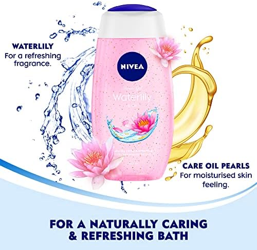Close up of Nivea care oil pearls inside the transparent water lily shower gel.