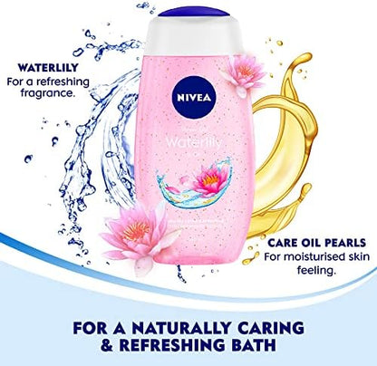 Close up of Nivea care oil pearls inside the transparent water lily shower gel.