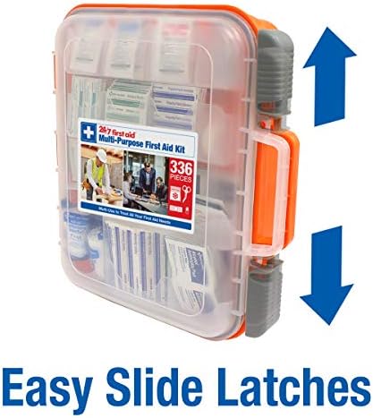 Close up of 24/7 First Aid easy-slide latches and durable orange handle.