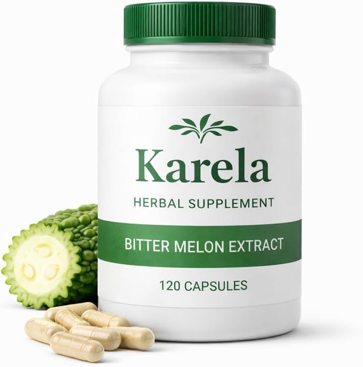 Ayurleaf Herbals Karela Bitter Melon 120 Capsules front view showcasing herbal supplement packaging for glucose support.