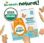 Organic animal-shaped whole grain crackers for toddlers over twelve months displayed outside the box