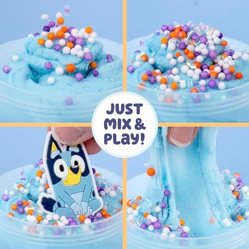 Iridescent blue glitter tube and decorative mix-ins being added to the play compound