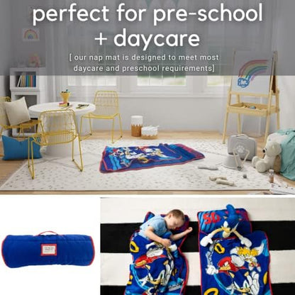Officially licensed Sonic Tails and Knuckles plush sleeping mat rolled up for preschool travel