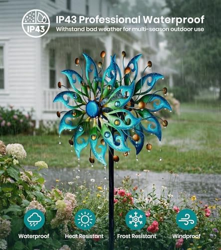 Side view of dual-layer peacock feather garden wind sculpture