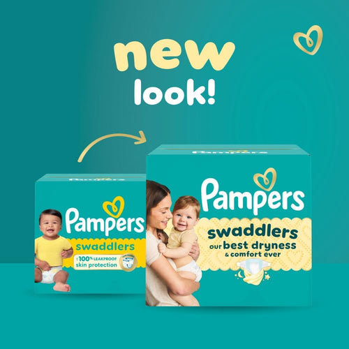 Pampers Swaddlers ultra soft absorbent baby diaper packaging showing wetness indicator feature