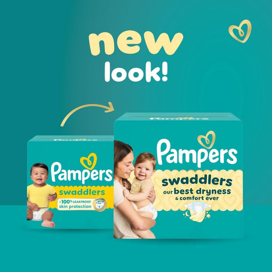 Pampers Swaddlers ultra soft absorbent baby diaper packaging showing wetness indicator feature