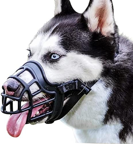 Barkless lightweight cage mouth cover side view on a long snout dog