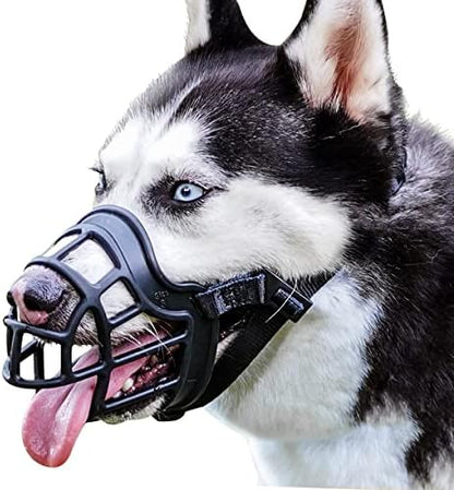 Barkless lightweight cage mouth cover side view on a long snout dog