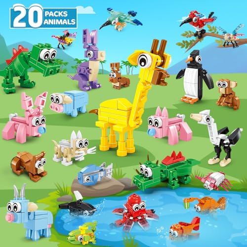 Individual packages of Hogokids building block toys displaying diverse mini animal designs.
