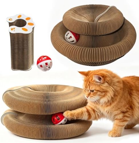 Foldable Kitty Curls cat toy shaped as a circular bed with a rolling bell ball inside.