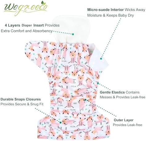 Six pack of Wegreeco baby cloth pocket diapers with beautiful modern flower patterns.