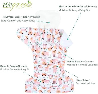 wegreeco Cloth Diapers 6 Pack with 6 Inserts & 1 Wet Bag, Washable Cloth Diapers for Babies, One Size Adjustable Reusable (Flower) - Image 3