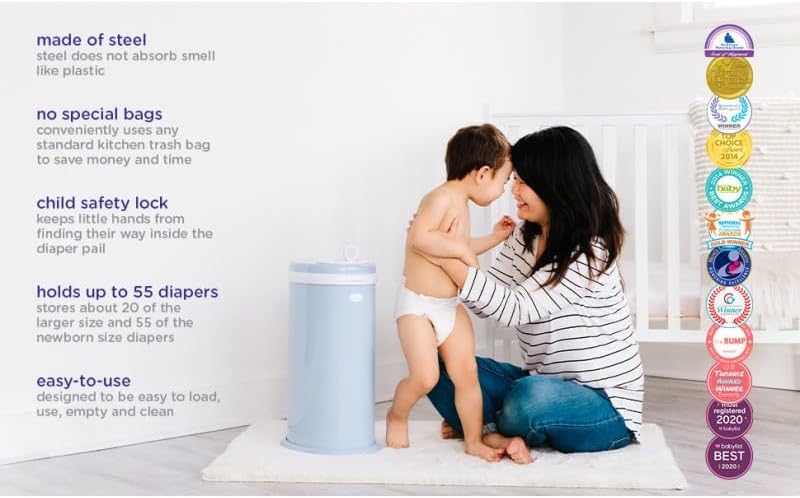 Ubbi powder coated steel diaper bin angled perspective in nursery setting