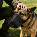 Authentic CNSYAF medium black mesh muzzle packaging and size verification layout
