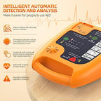 AED unit displaying visual instruction icons for emergency cardiac response.