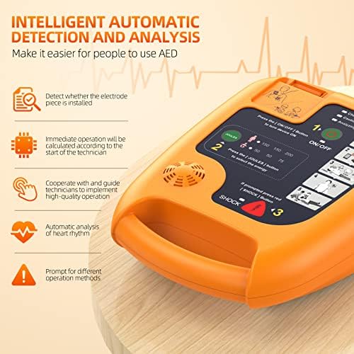 AED unit displaying visual instruction icons for emergency cardiac response.