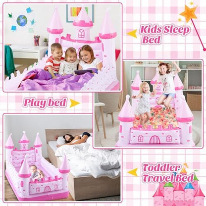 Relaxgiant pink castle travel bed folded compactly next to its travel gear for vacation packing.